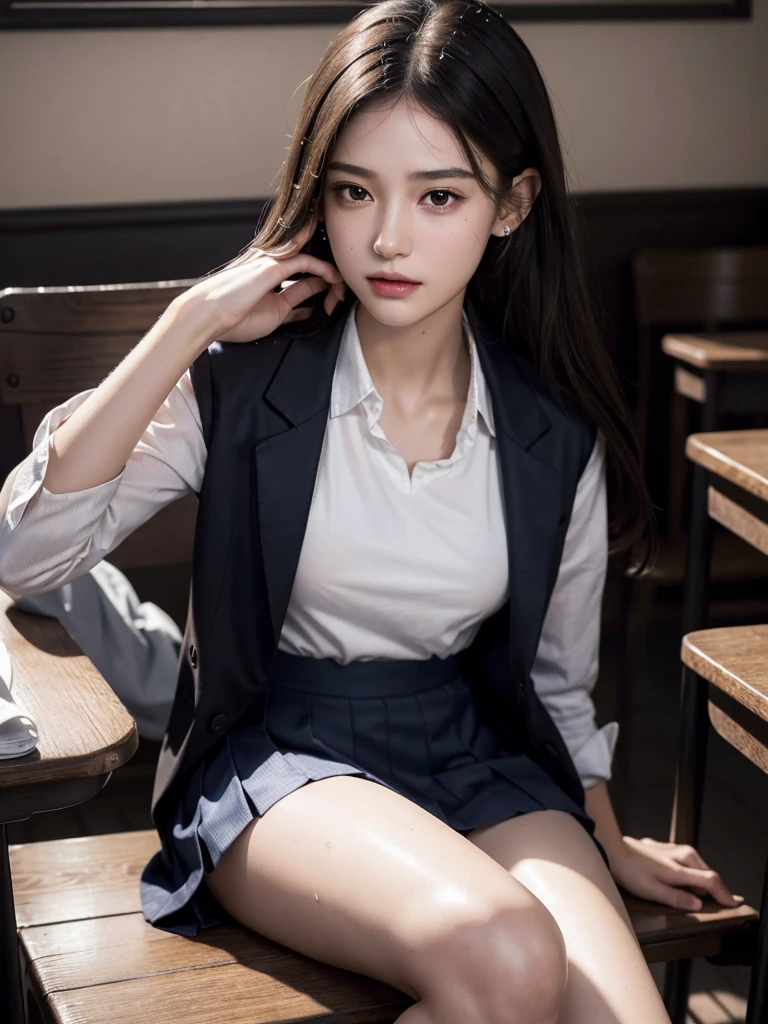 absurdres, RAW photo, extremely delicate and beautiful, masterpiece, Best Quality, ultra high resolution, 32k, hyperrealistic, ultra-detailed, perfect anatomy, super Detailed skin, perfect figure, Super Beauty, Perfect Style, Perfect balance, Beautiful Lighting, Perfect Lightning, Realistic Shadows, 20 years old, very Slim body, narrow waist, very small head, very small face, delicate facial features, handsome detailed woman, very detailed eyes and face, realistic face proportions, Realistic beautiful face, Realistic beautiful eyes, tearful mole, earring, very huge round breasts, legs, medium hair, whole body shot, ((sweat)), ((school uniform)), (blazer),