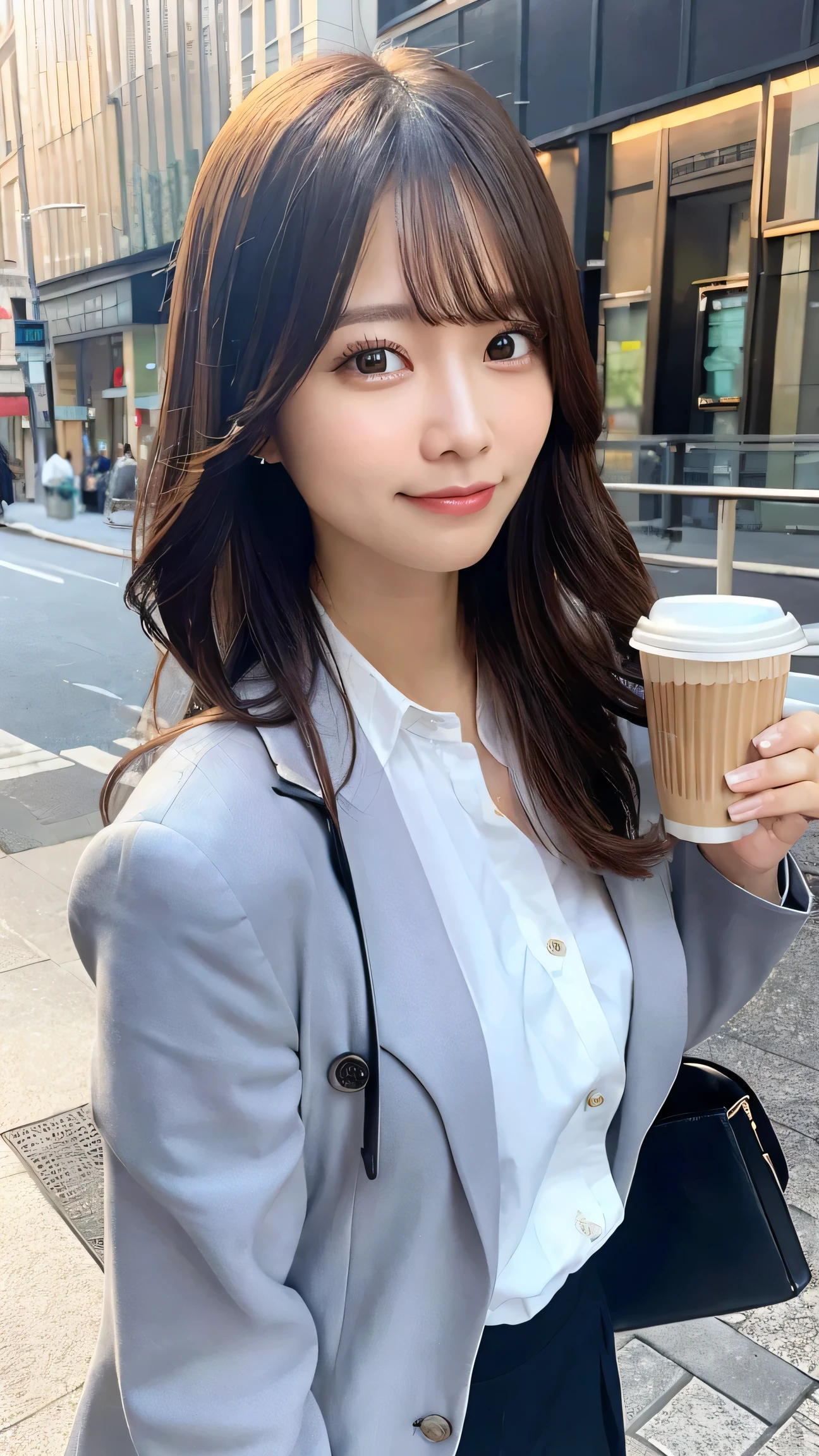 best quality, 1 beautiful woman, business casual attire, holding coffee cup, city street, morning light, focused expression, busy background, detailed