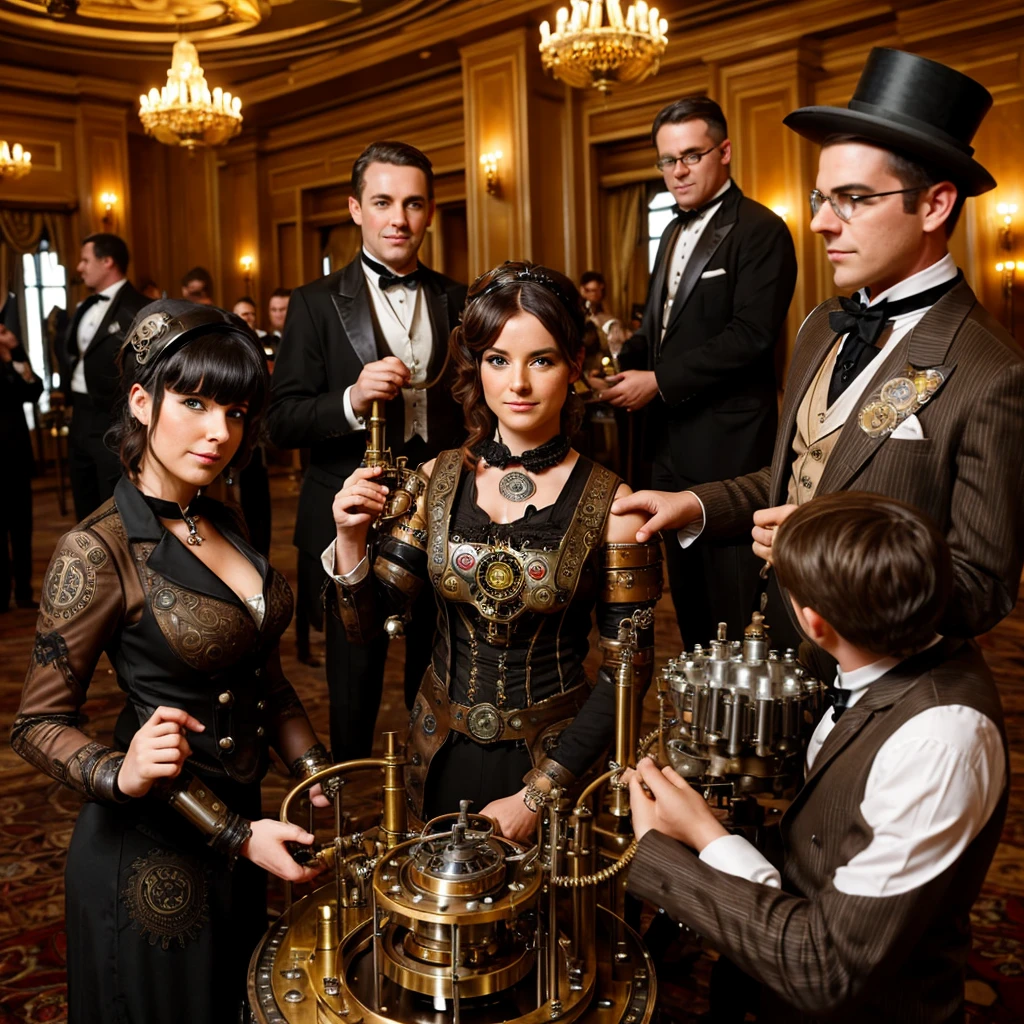 (Steam Punk) (A steam powered butler, styled after a dapper English man, many pistons and cogs, steam vents, complex optical lenses) tending guests at a formal dance, ball room