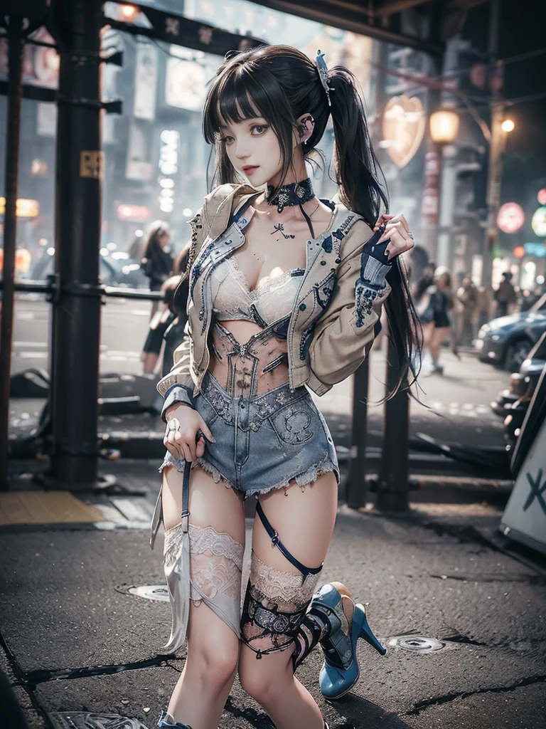 (Full Body View:1.2)、(Full body:1.3)、(Smiling with teeth showing:1.3),(Shibuya Gal:1.5)、(Beautiful:1.4)、(Neo-goth fashion:1.5)、(Punk RockVisual Kei:1.3)、(Futuristic bodysuit in white, beige and denim with embellishments:1.5)、(A delicate short jacket in denim, beige and navy:1.5)、(Denim garter belt:1.5)、(Tattered denim and a white micro mini skirt:1.3)、(Heart-shaped silver accessories:1.5)、(Brown Skin Belt:1.4)、(Blue High Heels:1.4)、(Lace patterned underwear:1.4)、20-year-old、NSFW,((Highest quality、In 8K、masterpiece:1.3))、Sharp focus:1.2、(Layered Cut、Huge boobs:1.1),Beautiful woman with perfect figure:1.4、(Doing an aerobics pose:1.3)、Slender Abs:1.2、Butt、Highly detailed face and skin texture、Detailed eyes、double eyelid,(Twin tails:1.3)、(Black brown hair:1.3)、Obscene、Gravure idol、(Luxurious amusement park at night:1.3)、(Make your legs thinner:1.4)、(Thin thighs:1.4)、(Slim Body:1.3)、(clavicle:1.1)