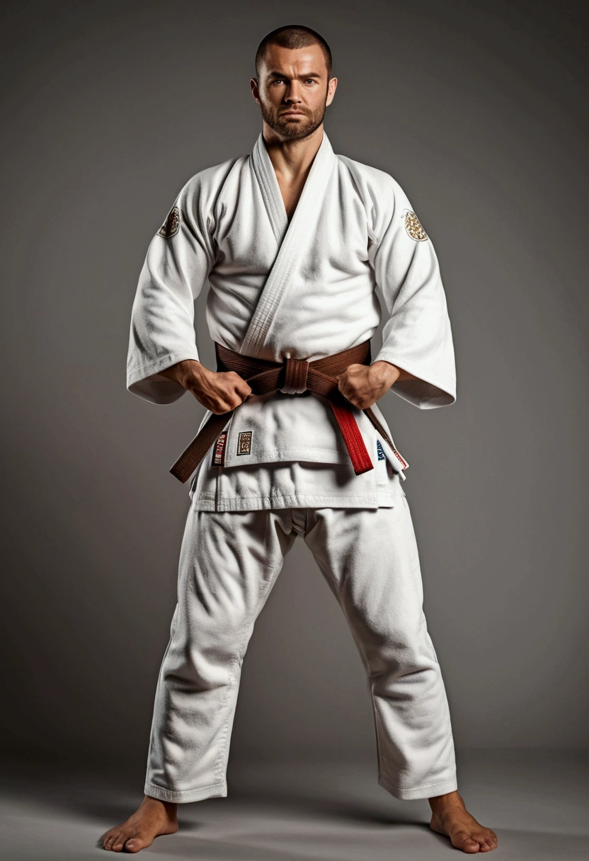 white man with kimono of brazilian jiu-jitsu, brown belt, with parallel arms, Man in a standing position, soft and friendly face Children's studies, 8k, hyper realistic, detailed.