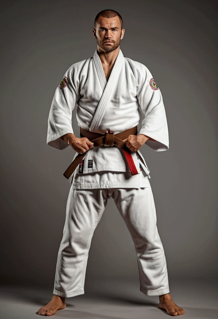 white man with kimono of brazilian jiu-jitsu, brown belt, with parallel arms, Man in a standing position, soft and friendly face Children's studies, 8k, hyper realistic, detailed.