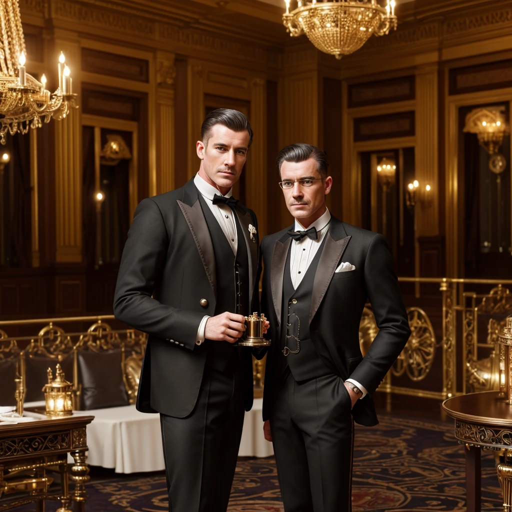 a dapper steam-powered butler, stylish english gentleman, complex gears and pistons, steam vents, optical lenses, formal ballroom, guests, (best quality,4k,8k,highres,masterpiece:1.2),ultra-detailed,(realistic,photorealistic,photo-realistic:1.37),intricate machinery, ornate decorations, dramatic lighting, elegant attire, refined mannerisms
