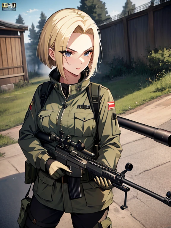 Anti-tank rifles, Sniper, Sniper手, android１８Number, (masterpiece), highest quality, 1girl, uhd, retina, masterpiece, ccurate, anatomically correct, textured skin, super detail, high details, high quality, best quality, highres, 4K