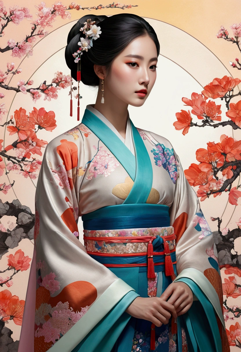 Ambilight,masterpiece,ultra-high quality,(ultra detailed original illustration),((hanfu fashion)),clean cloth,flower blossom background,double exposure,fussion of fluid abstract art,(original illustration composition),( fusion of limited color, maximalism artstyle, geometric artstyle, junk art),