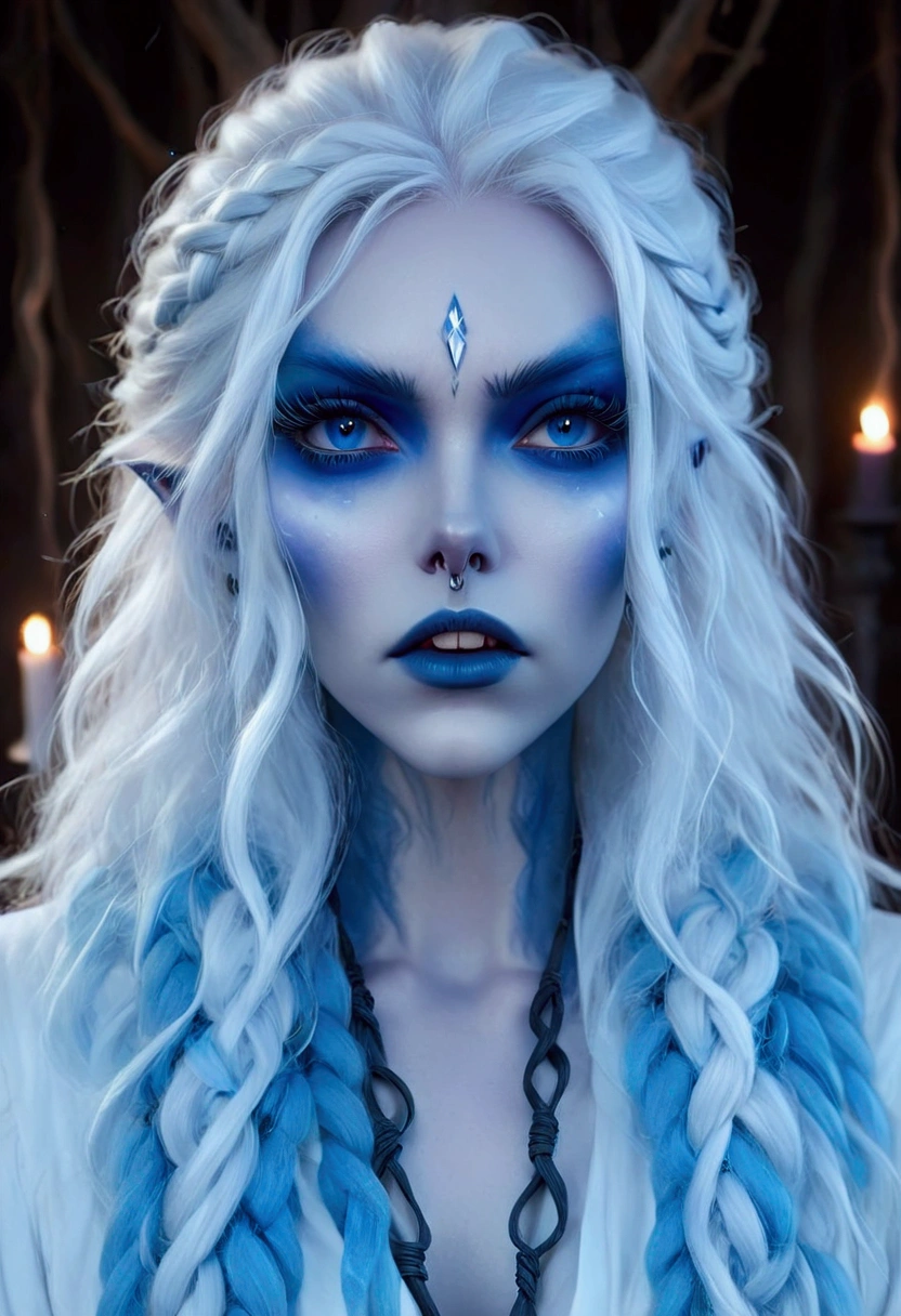 Evil sorceress, piercing blue eyes, white hair, braided hair, casting a spell