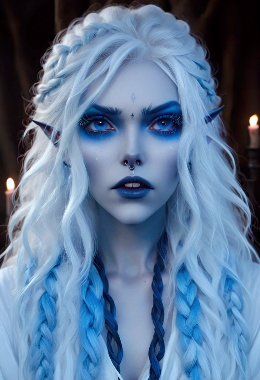 Evil sorceress, piercing blue eyes, white hair, braided hair, casting a spell