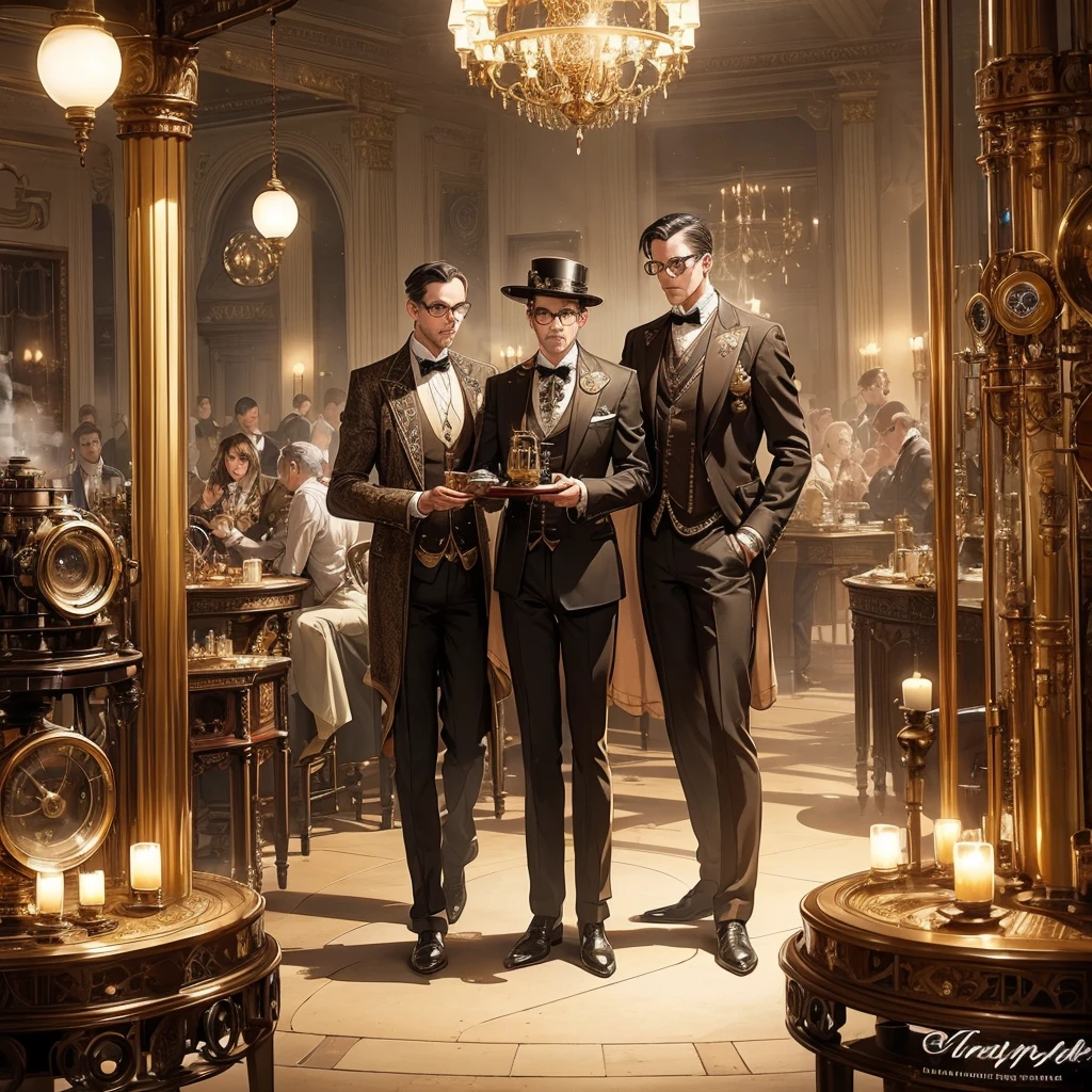 (Steam Punk) (A steam powered butler, styled after a dapper English man, many pistons and cogs, steam vents, complex optical lenses) tending guests at a formal dance, ball room
