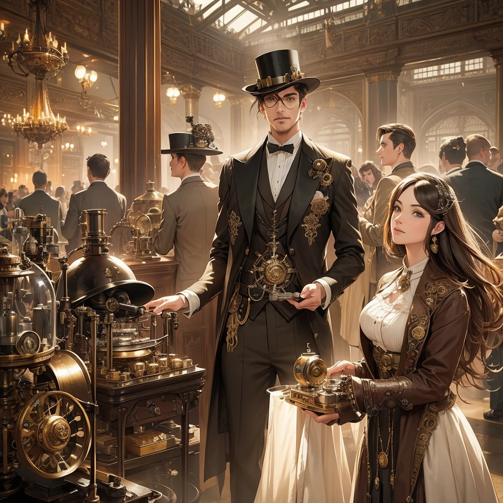 (Steam Punk) (A steam powered butler, styled after a dapper English man, many pistons and cogs, steam vents, complex optical lenses) tending guests at a formal dance, ball room

