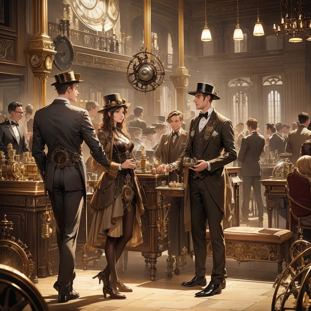 (Steam Punk) (A steam powered butler, styled after a dapper English man, many pistons and cogs, steam vents, complex optical lenses) tending guests at a formal dance, ball room