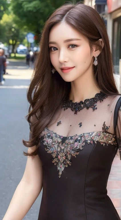 ((Highest quality, 8k, masterpiece :1.3)), 1 girl, smile, whole body, Slim face, Beautiful woman, (Dark brown hair), Full-length dress :1.1, Highly detailed face, Beautiful Eyes, double eyelid, Blur the background, Slim face, city, outside, street,Maternal Instinct