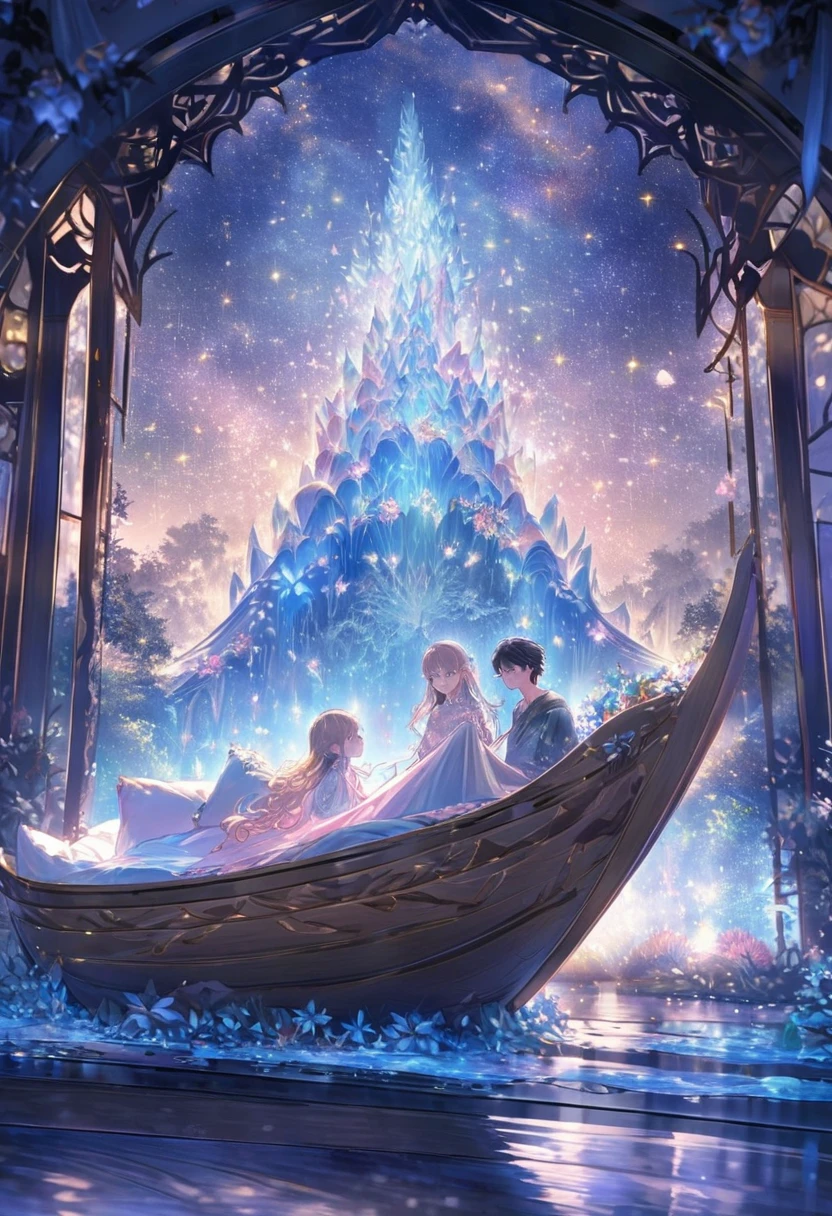 An adult brother and his sister nestled comfortably on the spacious deck of a majestic, magical wooden boat that seems to be a floating piece of art itself. The siblings are adorned in warm, enchanting garments that gently reflect the soft moonlight, which casts an ethereal glow across the serene lake. The boat's deck is intricately carved with whimsical motifs that dance in the shadows, hinting at the ancient and mystical stories it holds within. Behind them, an open-air cabin reveals a cozy bedroom sans walls, allowing the tranquil night breeze to whisper sweet nothings to the plush pillows and velvety blankets that lay upon the inviting bed. The cabin's minimalistic yet opulent design seamlessly blends with the surrounding environment, adorned with delicate strands of twinkling fairy lights that weave through the wooden rafters. The lake stretches on for miles, its still surface mirroring the star-studded sky and the towering blossom forest that envelops the boat in a sea of soft, pastel hues. The petals from the trees above shower the water with a gentle cascade, creating a mesmerizing ripple effect that dances in time with the boat's gentle rocking. In the distance, a majestic ice mountain looms, its frosty peaks glowing with a mysterious luminescence that pierces the darkness, hinting at a hidden realm of frozen wonders. The scene is suffused with an air of tranquility and wonder, as the siblings share a knowing smile, basking in the glow of the moon and the warm embrace of their fantastical floating sanctuary amidst the heart of a serene night in a world where nature and magic coalesce.