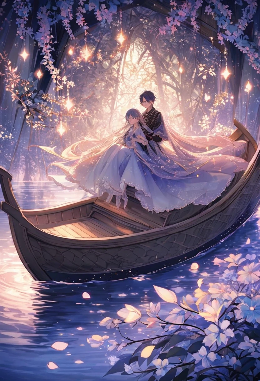 An adult brother and his sister nestled comfortably on the spacious deck of a majestic, magical wooden boat that seems to be a floating piece of art itself. The siblings are adorned in warm, enchanting garments that gently reflect the soft moonlight, which casts an ethereal glow across the serene lake. The boat's deck is intricately carved with whimsical motifs that dance in the shadows, hinting at the ancient and mystical stories it holds within. Behind them, an open-air cabin reveals a cozy bedroom sans walls, allowing the tranquil night breeze to whisper sweet nothings to the plush pillows and velvety blankets that lay upon the inviting bed. The cabin's minimalistic yet opulent design seamlessly blends with the surrounding environment, adorned with delicate strands of twinkling fairy lights that weave through the wooden rafters. The lake stretches on for miles, its still surface mirroring the star-studded sky and the towering blossom forest that envelops the boat in a sea of soft, pastel hues. The petals from the trees above shower the water with a gentle cascade, creating a mesmerizing ripple effect that dances in time with the boat's gentle rocking. In the distance, a majestic ice mountain looms, its frosty peaks glowing with a mysterious luminescence that pierces the darkness, hinting at a hidden realm of frozen wonders. The scene is suffused with an air of tranquility and wonder, as the siblings share a knowing smile, basking in the glow of the moon and the warm embrace of their fantastical floating sanctuary amidst the heart of a serene night in a world where nature and magic coalesce.