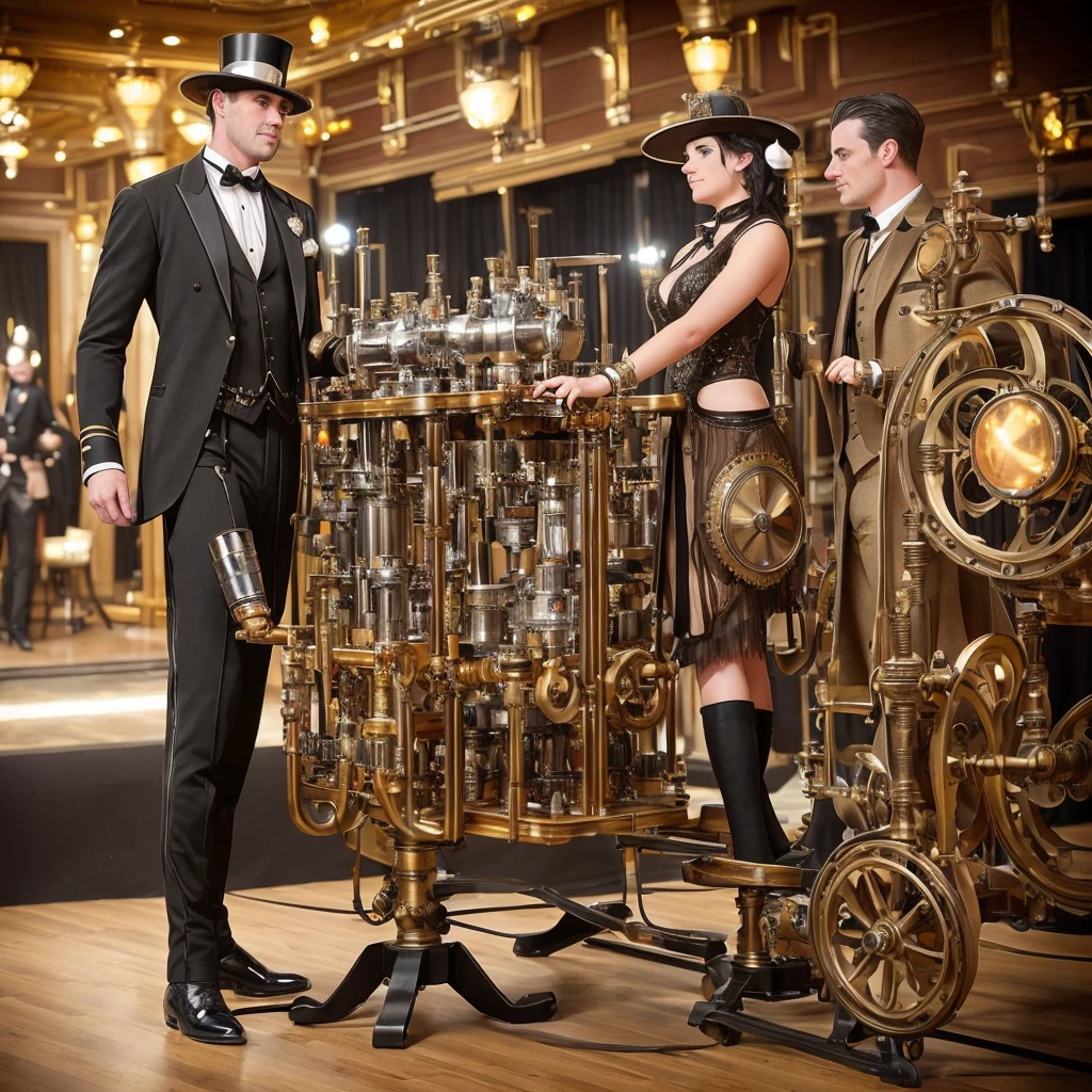 (Steam Punk) (A steam powered butler, styled after a dapper English man, many pistons and cogs, steam vents, complex optical lenses) tending guests at a formal dance, ball room
