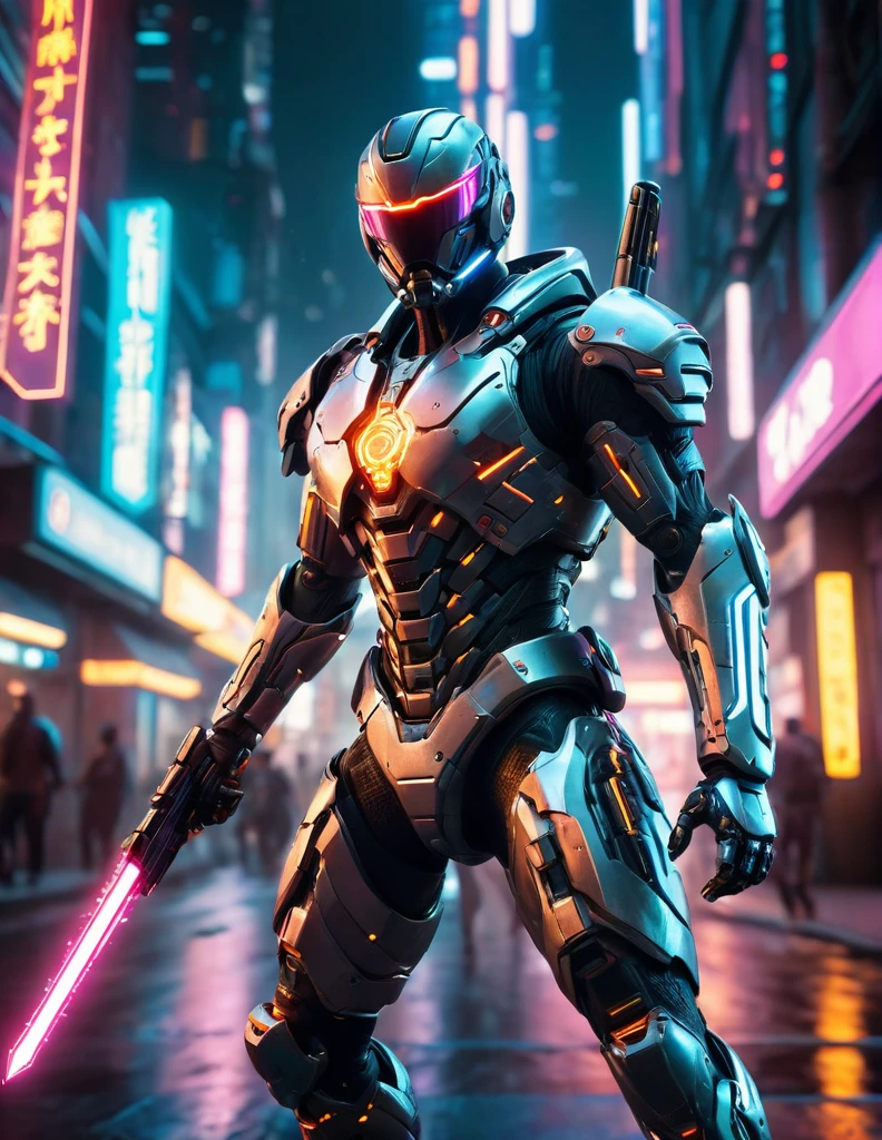 Ultra-realistic cyborg, wearing futuristic armor, wielding plasma swords, in dynamic action in a neon-lit cyberpunk cityscape, dramatic lighting, low-angle shot, with explosive special effects, dynamic movement, motion blur, cinematic, ultra-detailed