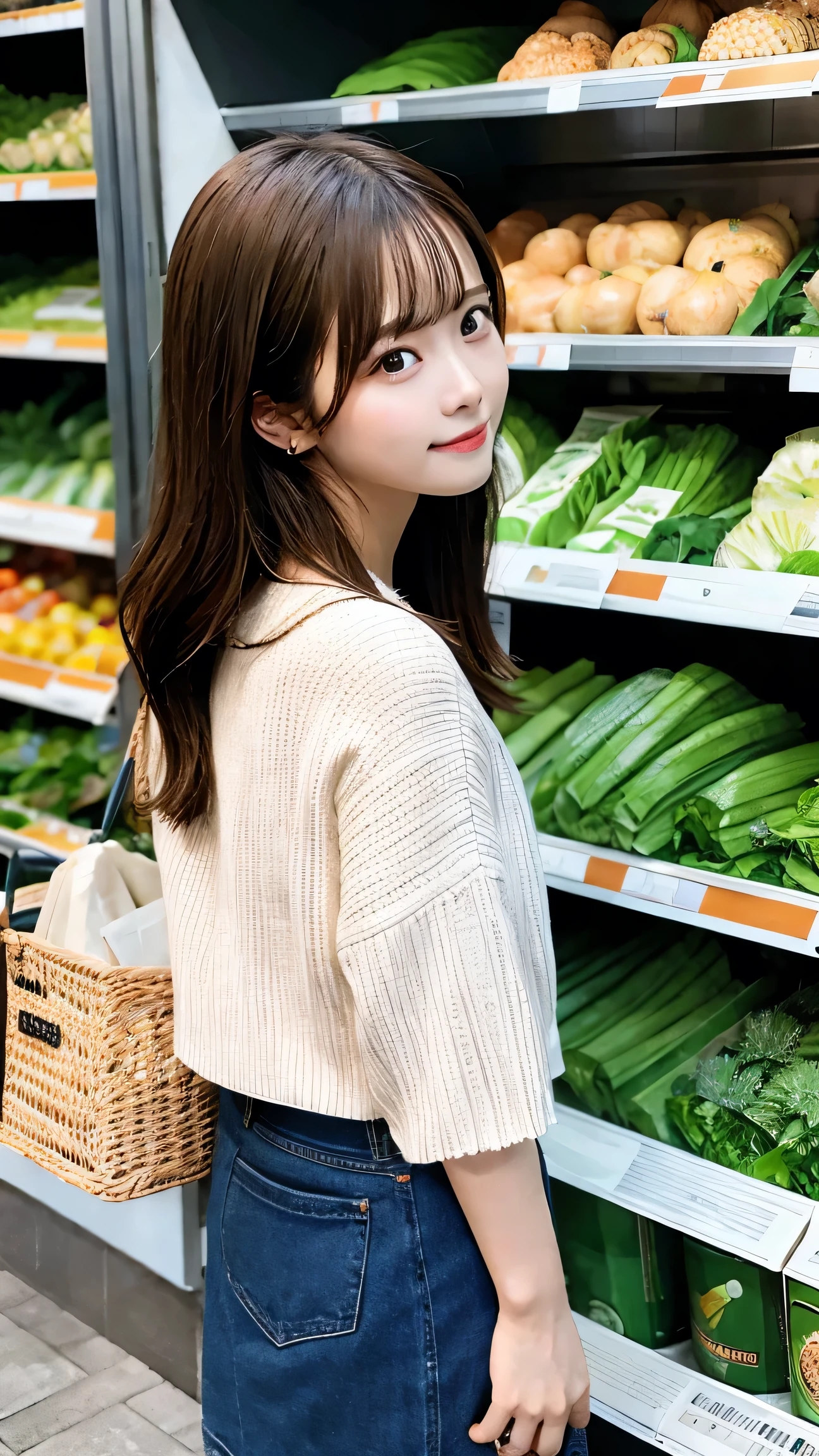 masterpiece, best quality, 1girl, casual outfit, grocery shopping, supermarket, picking vegetables, natural lighting, everyday scene, highly detailed