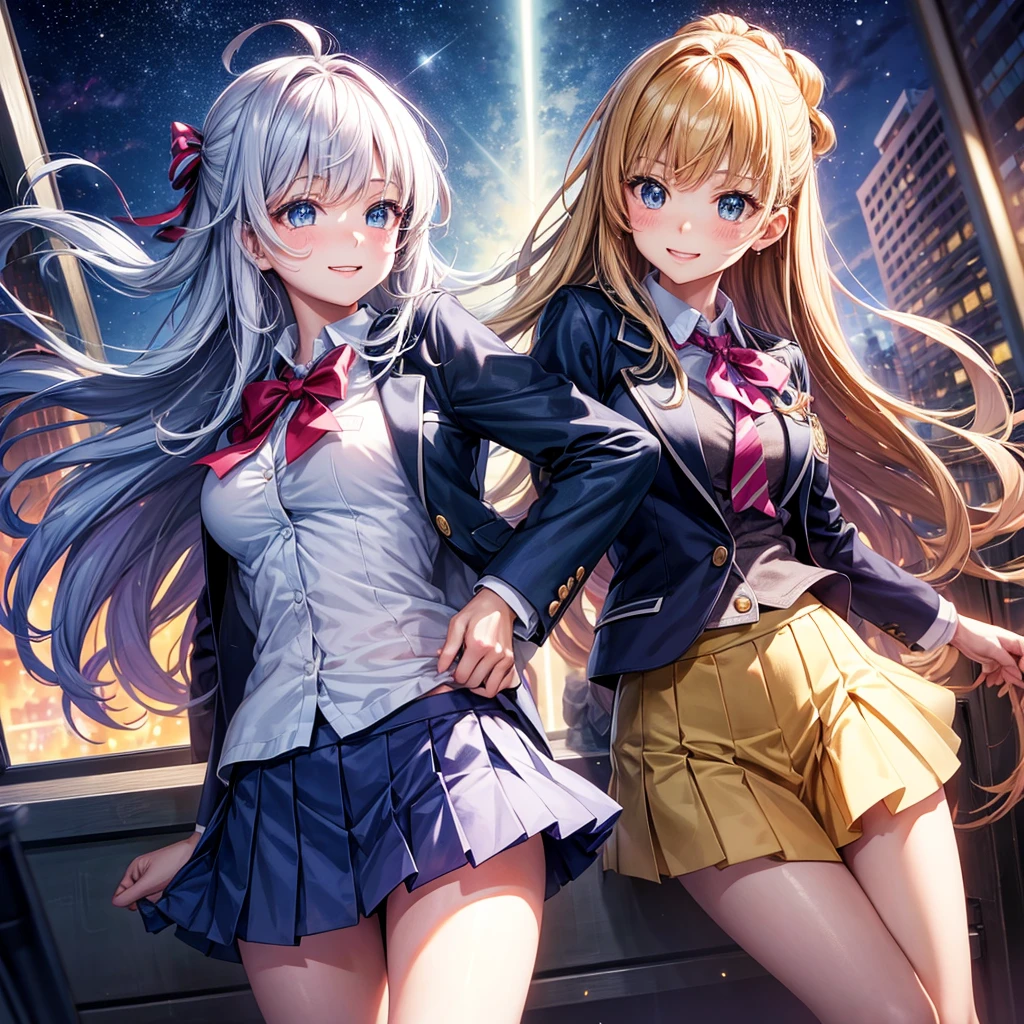 Best Quality，beautiful girl，Light novel，Superpowered girl，middle School girls，Beautiful girls，Big Breasts，８K，Perfectly portrayed，smile，High quality，New Uniform，masterpiece，Long Hair，Horny girl，Naughty Girls，Perfect Face，strongest，Cute uniform，blazer，mini skirt，tights，stylish，Academy，