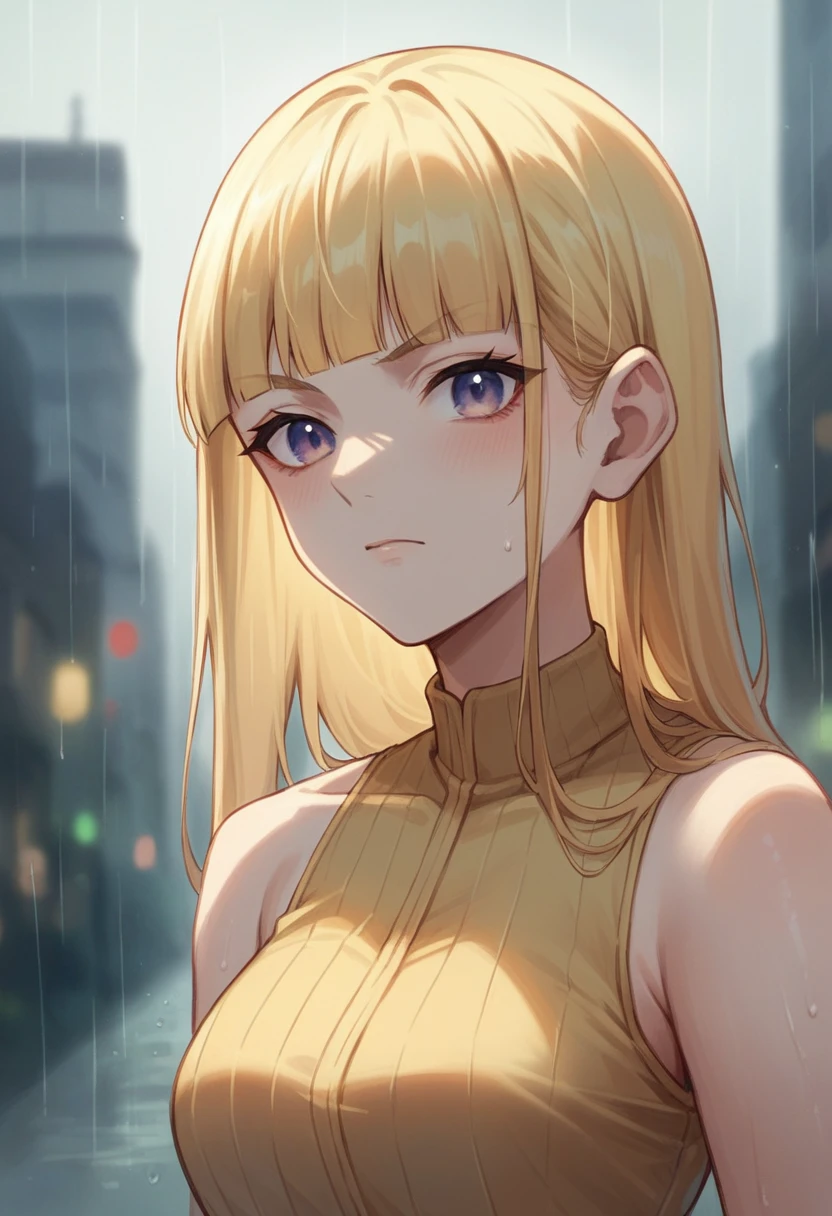 Moody, atmospheric portrait of a person with light skin and shoulder-length blonde hair featuring blunt bangs. The subject is wearing a sleeveless, glittery gold top and is positioned against a rain-streaked window, with colorful, blurred city lights in the background. The lighting casts a greenish hue on the subject's hair and face, creating a dramatic and introspective mood. The person's expression is serious and contemplative, adding to the overall somber tone of the image.