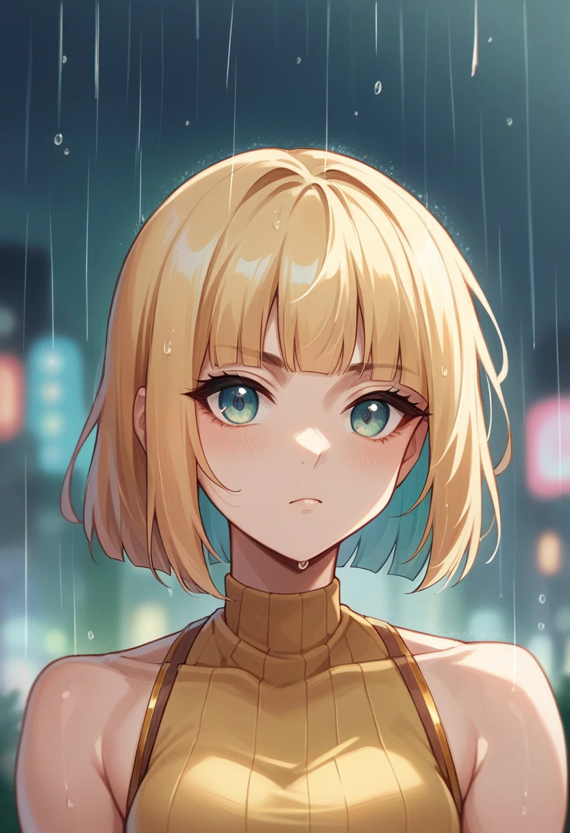 Moody, atmospheric portrait of a person with light skin and shoulder-length blonde hair featuring blunt bangs. The subject is wearing a sleeveless, glittery gold top and is positioned against a rain-streaked window, with colorful, blurred city lights in the background. The lighting casts a greenish hue on the subject's hair and face, creating a dramatic and introspective mood. The person's expression is serious and contemplative, adding to the overall somber tone of the image.