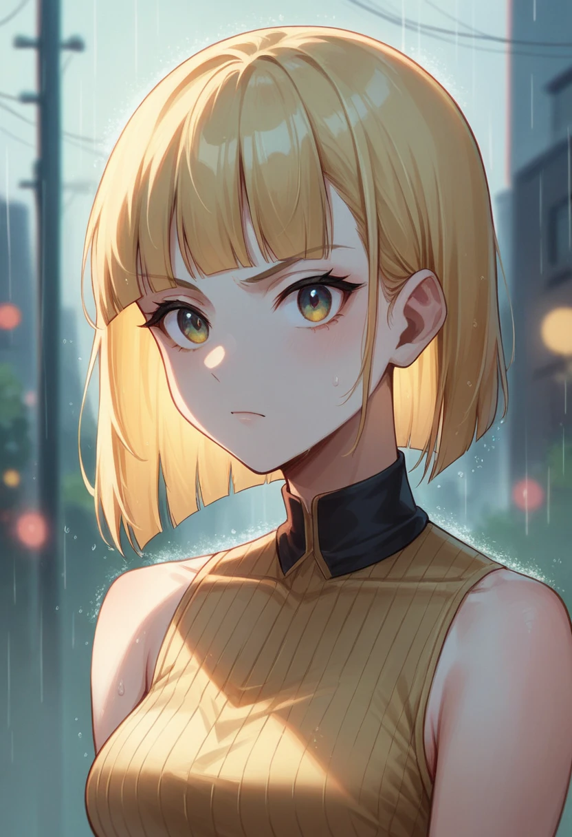 Moody, atmospheric portrait of a person with light skin and shoulder-length blonde hair featuring blunt bangs. The subject is wearing a sleeveless, glittery gold top and is positioned against a rain-streaked window, with colorful, blurred city lights in the background. The lighting casts a greenish hue on the subject's hair and face, creating a dramatic and introspective mood. The person's expression is serious and contemplative, adding to the overall somber tone of the image.