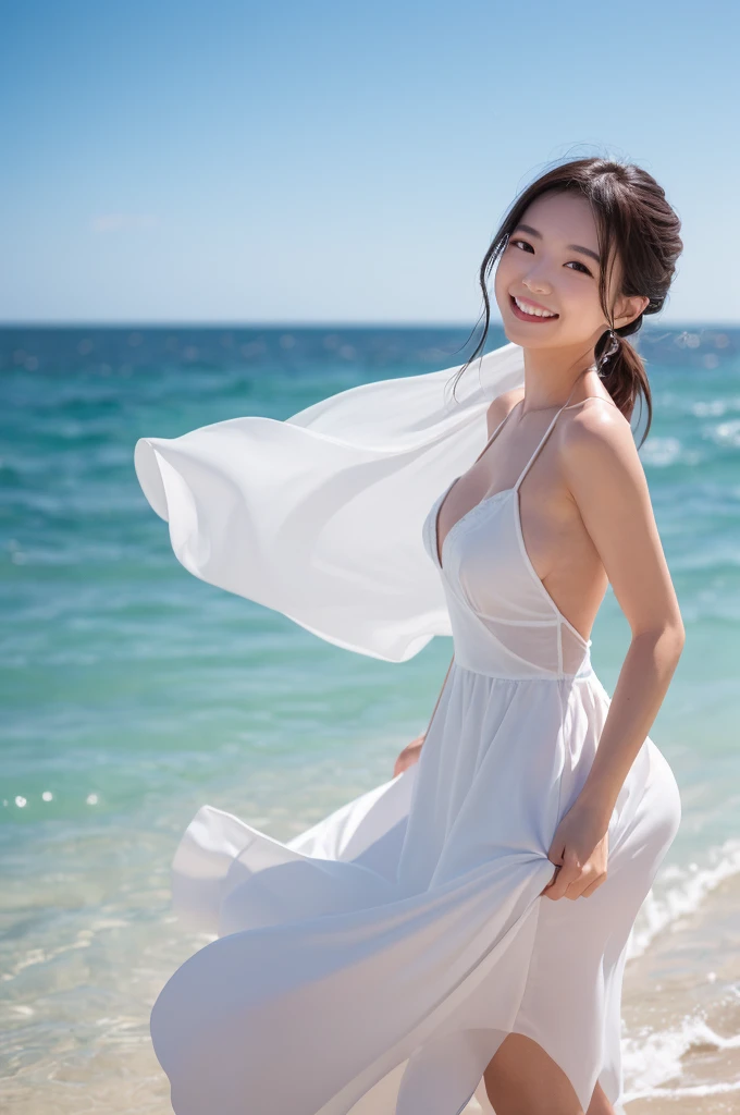 (8k, RAW photo, best quality, masterpiece:1.2), (realistic, photo-realistic:1.4), (extremely detailed 8k wallpaper), Japanese 20 age woman, she is wearing a white dress,The background is the sea,The wind blows my skirt up,she is smiling,ponytail