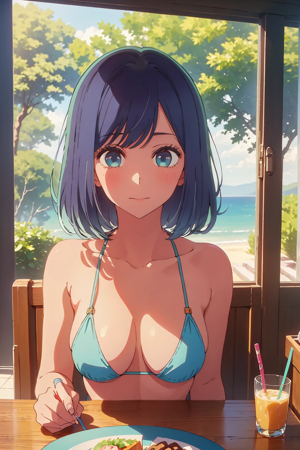 (Highest quality:1.4、masterpiece:1.4、Super detailed:1.4、8k:1.4)、((((1 person、Surprised expression、sit、Cafe Terrace、coastal、juice、table、Sandy Beach、juiceのグラスを持つ、Very soft 、Big eyes、Very cute face))))、(big Areolas protrude from micro bikini:1.4)、F cup bust、Medium breast、Underboob
