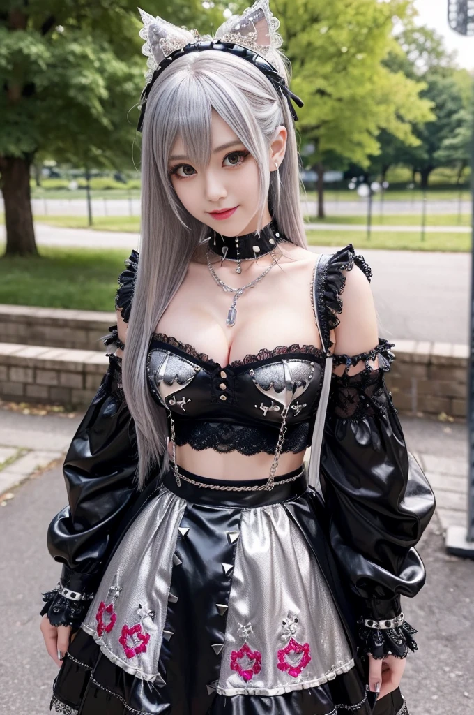 sexy stylish Thai model, only 1 female, ((doll-like appearance)), long dramatic platinum blonde stylish hair, ((shiny Punk-Style boots)), (sexy smile), ultra detailed eyes, Punk makeup, lipgloss, ((sexy Punk Lolita cosplay)), unconventional skirt, petticoats, high neckline, ((ultra detailed lace)), ((ultra detailed embroidery)), intricate details, tartan patterns, silver chains, silver spikes, safety pins, Punk Lolita accessoires, Punk Lolita choker, ((large sparkling Punk Lolita jewelry)), cinematic light, detailed large park background with trees