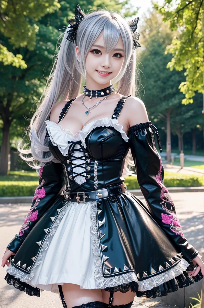sexy stylish Japanese model, only 1 female, ((doll-like appearance)), gold long hair, ((shiny Punk-Style boots)), (happy smile), ultra detailed eyes, long lashes, metallic makeup, lip-gloss, ((sexy Punk ta cosplay)), unconventional skirt, petticoats, high neckline, ((ultra detailed lace)), ((ultra detailed embroidery)), intricate details, tartan patterns, (silver chains), (silver spikes), Punk Loliccessories, Punk Lolita cr, ((large sparkling Punk Lolita jewel, cinematic light, detailed large park background with trees,Big Breasts、cute