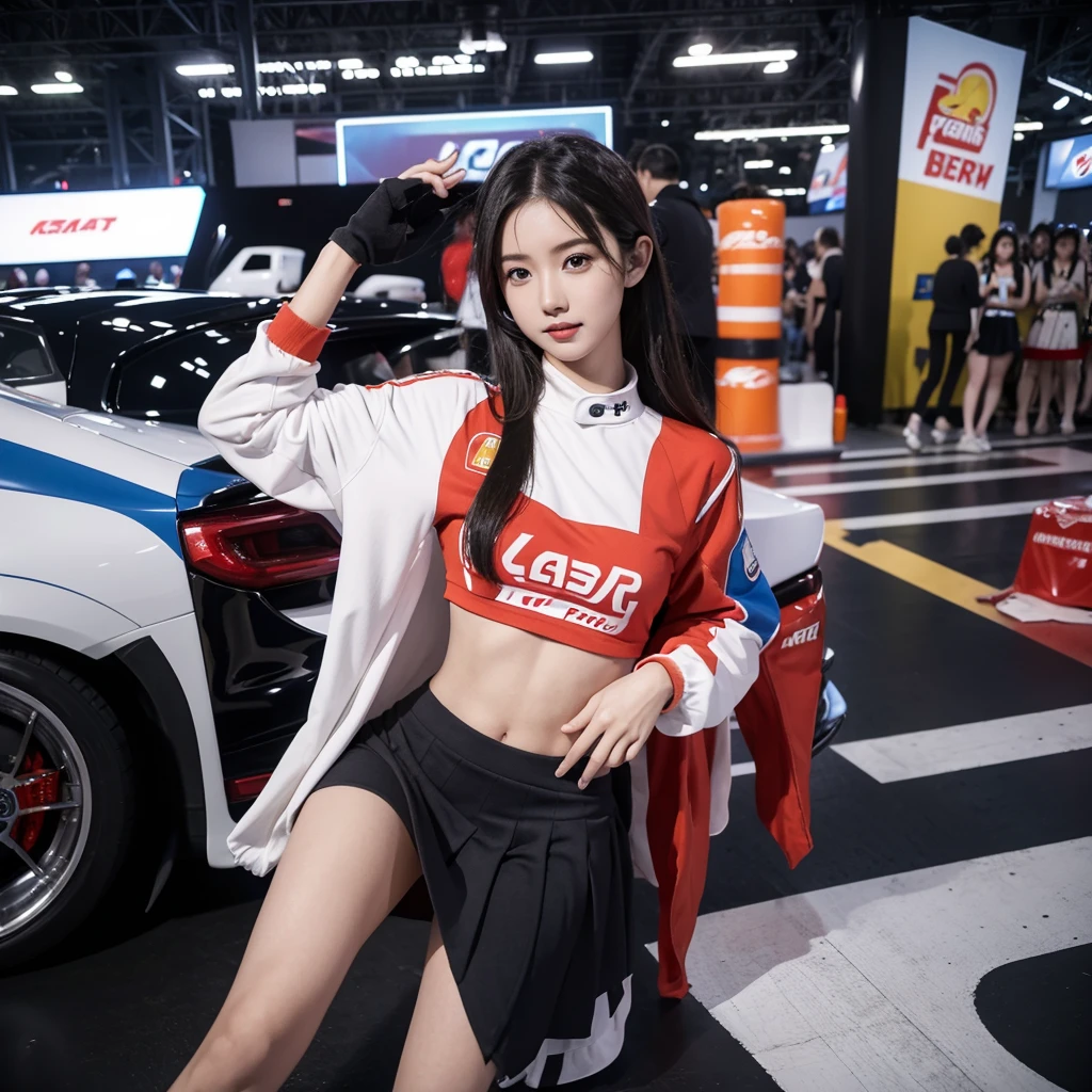 Ultra detailed face、Cool woman、Colorful costumes、F1 Driver Cosplay、Colorful costumes、Clothing with company logo、Grid Girlsのカラフルで派手な衣装、Grid Girls、Perfect Face、Paddock Girls、Harem、motor Show、tights、Bodycon Costumes、Grid Girls、Russia、Grid Girlsのコスプレ、belly button、Pleated skirt、Bodycon Costumes、Photographed in a sexy pose