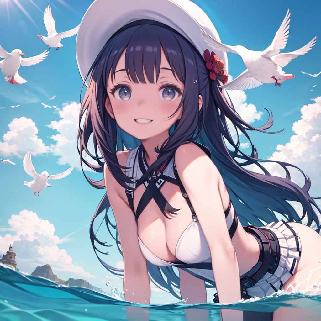 One Girl、Big Breasts、Life jacket、Ride a small boat、Yacht、On the Sea、Seagull、blue sky、Angle from below、smile、Not looking at the audience、