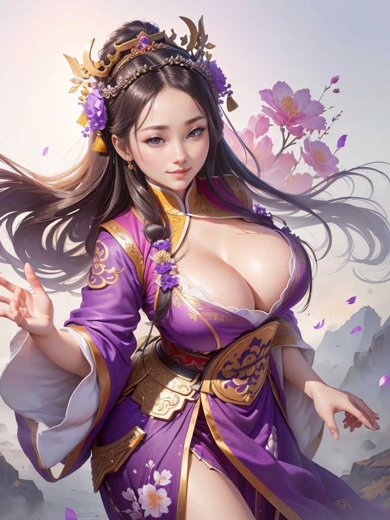 a woman in a purple honfu with flowers on her head, inspired by Ju Lian, inspired by Li Mei-shu, yun ling, inspired by Lan Ying, inspired by Wu Zuoren, inspired by Wu Bin, inspired by Pu Hua, a beautiful fantasy empress, inspired by Qiu Ying, inspired by Wu Li, , Highly detailed CG unit 8k wallpaper, masterpiece, High resolution, highest quality, highest quality real texture skin, Super Real, Digital Painting, Best image quality, 最High resolution, 8k, ((Highly detailed eyes and face, Beautiful eyes every detail)), 1girl, Full Body Shot, Saggy breasts, Gravity-dependent breasts, long chest, Heavy chest, disproportionate breasts, huge breasts, sagging breasts, gigantic breasts, smile, happy, fun, 