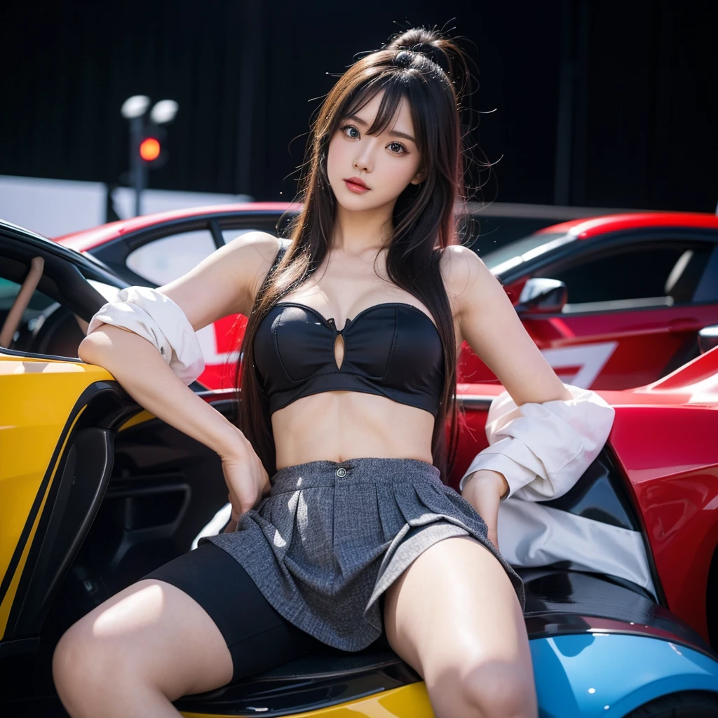 Super detailed photos、Detailed face、Lip gloss、Cool woman、Colorful costumes、F1 Driver Cosplay、Colorful costumes、Clothing with company logo、Grid Girlsのカラフルで派手な衣装、Grid Girls、Perfect Face、Paddock Girls、Harem、motor Show、tights、Bodycon Costumes、Grid Girls、Russia、Grid Girlsのコスプレ、belly button、Pleated skirt、Bodycon Costumes、Legs open pose、Spread your legs to show your crotch