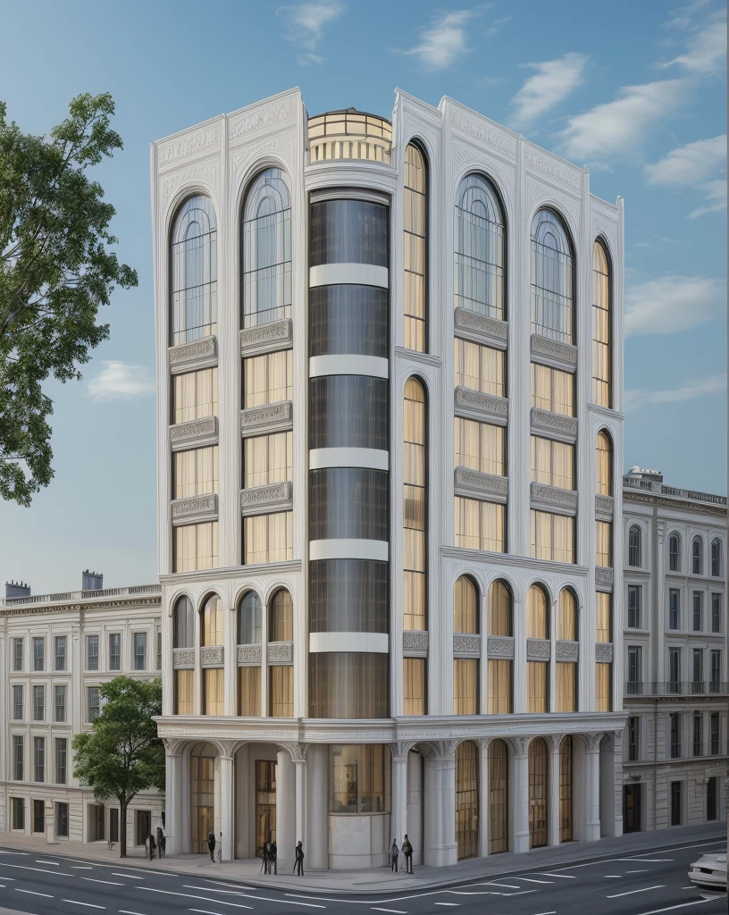 (masterpiece, best quality:1.2) 1white neoclassic building, (curved window), plants on company, building, exterior, architecture design, building in street