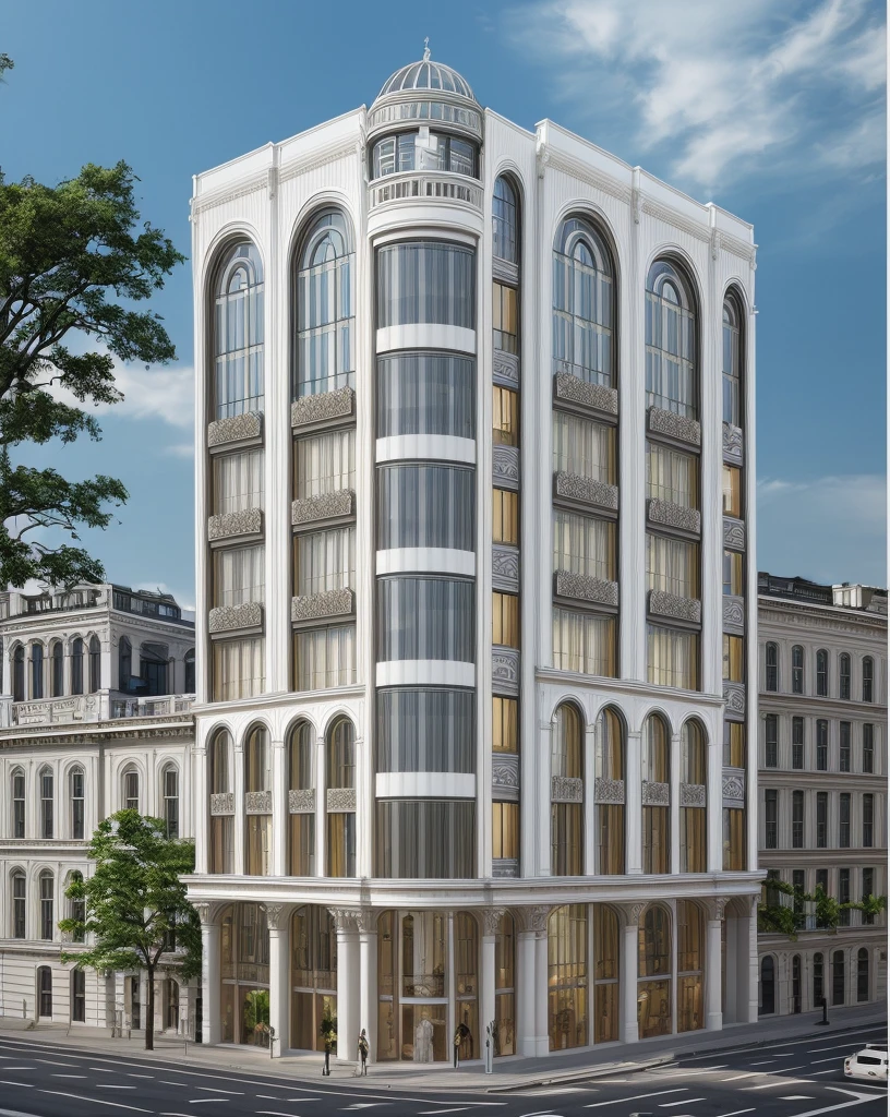 (masterpiece, best quality:1.2) 1white neoclassic building, (curved window), plants on company, building, exterior, architecture design, building in street