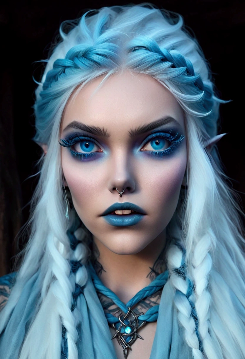 Evil sorceress, piercing blue eyes, white hair, braided hair, casting a spell