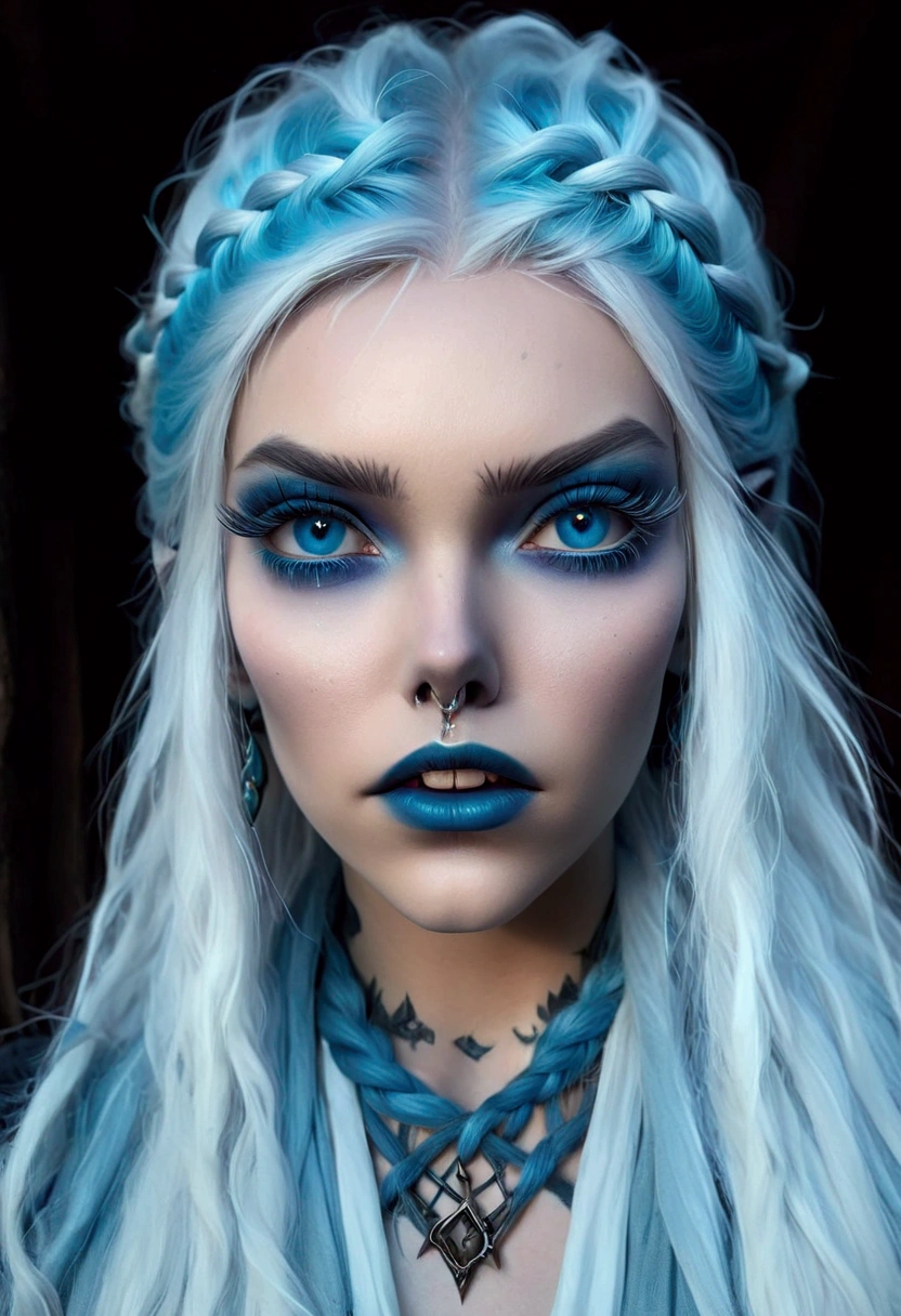 Evil sorceress, piercing blue eyes, white hair, braided hair, casting a spell