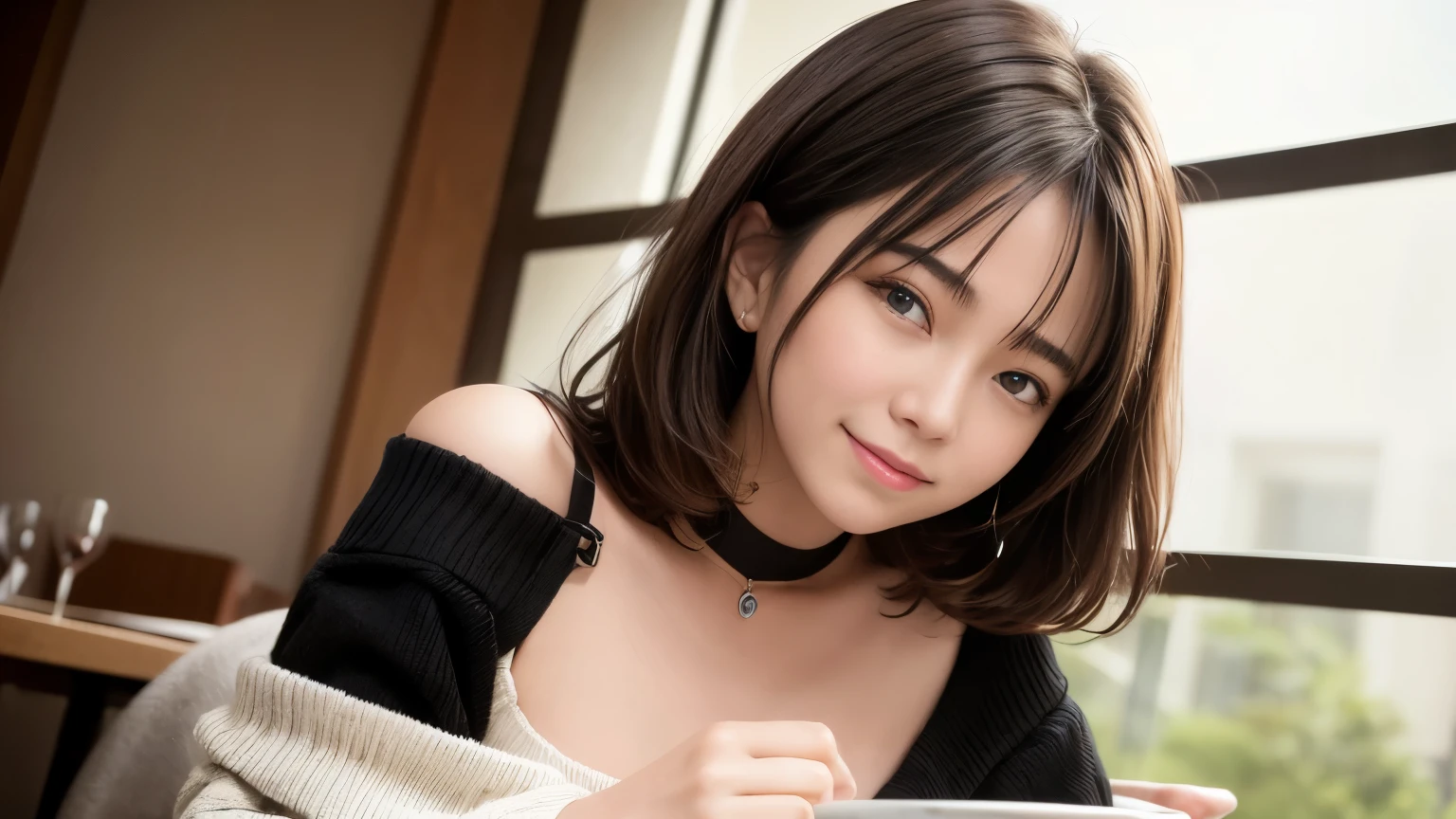 Highest quality, masterpiece, Ultra-high resolution, Realistic, 1 girl, Off the shoulder, knit, smile, smile, Slightly visible, Extra Large_sweater, Soft lighting, Detailed skin, bangs, Black Hair, Clear Eyes, Short Bob Hair, Transparency, Inside the cafe, Japanese, Beautiful woman, Upward glance, Lip gloss, Black Thick Choker, tears, Mole on chest, Eye highlights, Inside the cafeでの撮影