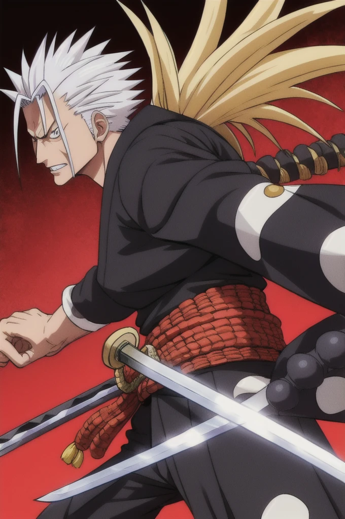 masterpiece, best quality, Kenpachi Zaraki, spiked hair, sword, japanese clothes, 1 male,