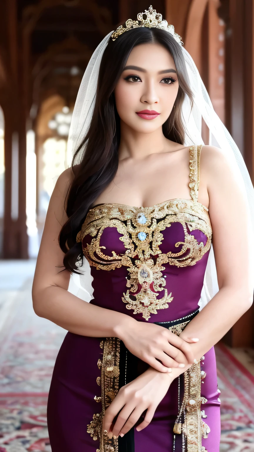 (best quality,4k,highres,masterpiece:1.2),ultra-detailed,realistic:1.37,beautiful and regal Javanese queen with hijab,dark and luxurious palace backdrop,beautiful detailed eyes and face,long eyelashes,voluptuous and curvy figure,exquisite jewelry and accessories,ornate and intricate patterned textiles,dazzling crown and royal attire,golden light illuminating the scene,vibrant and vivid color palette,soft and ethereal lighting,confident and alluring expression,graceful and elegant pose,serene and majestic atmosphere,rich cultural elements and symbols,meticulously captured body contours,subtle and tasteful sensuality,endless attention to every detail,romantic and dreamlike ambiance,artistic interpretation of beauty,stylish and sophisticated composition.