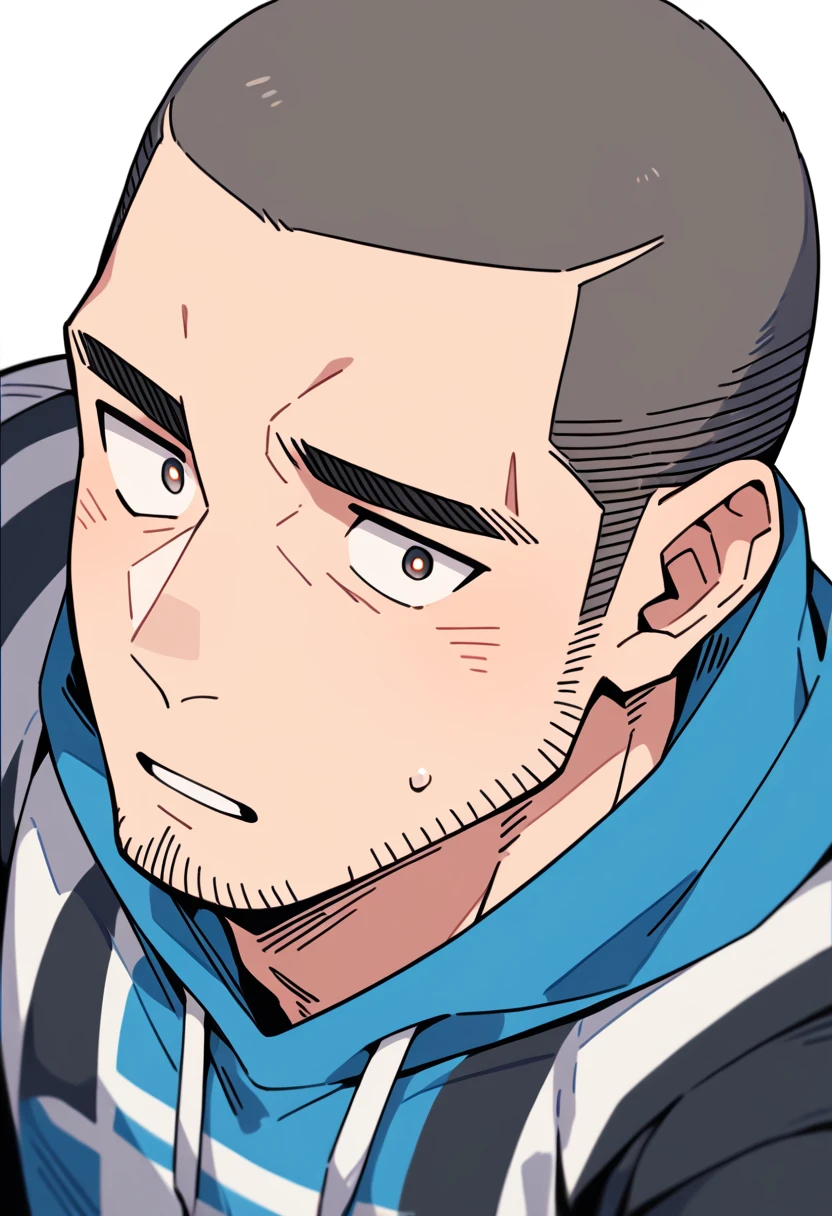 anime characters:Priapus, Muscle Sports Student, Buzz Cut, Manliness, male focus, Sports tight hooded sweatshirt, Very tight, full and perky chest muscles, muscular male, muscular, only, Upper body, alone, Black short hair, Thick eyebrows, stubble, Brown-red pupils, White background, simple background, amazing quality, best aesthetics, Ridiculous, crew cut, parted lips, flustered, endured face, negative space, best quality
