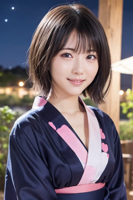 One Woman, (Beautiful woman, Delicate woman:1.3), (20-year-old:1.3), (Pink yukata, heart:1.3),（sit, relax:1.2), (night, Starry Sky:1.3),Clean look、Ample breasts、Cleavage、double eyelid、very detailed eyes and face, Beautiful and detailed nose, Beautiful eyes, Perfect Anatomy (Eye and facial details:1.0), short hair、bangs、A cool smile、(masterpiece, Highest quality, Super detailed, Detailed face, 8k)