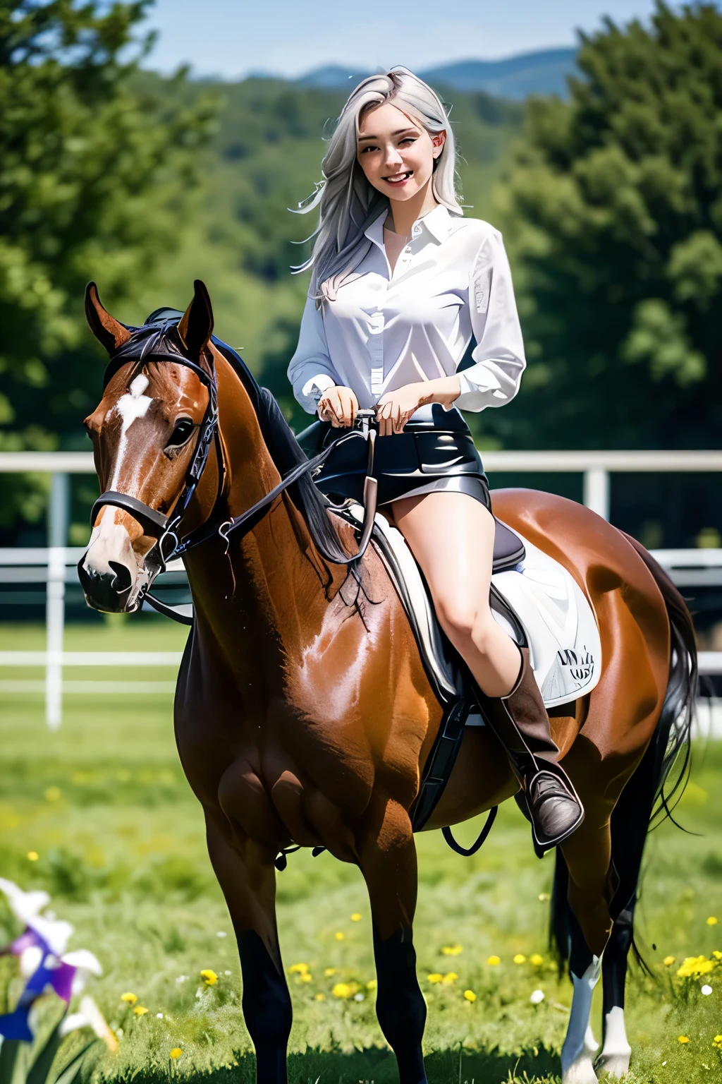 Realistic, masterpiece, Highest quality, Highest Resolution, (A woman is riding a horse in a sunny meadow:1.3), Woman photographed from the waist up, 20-year-old, Sharp Eyes, Grinning, Slightly to the side, (Beautiful narrow eyes, (Iris:1.2)), (Hidden eyelid wrinkles:1.2), Thin eyebrows, Draw eyelashes carefully, Natural Makeup, (Mid-length hair, Straight Hair, Silver Hair), (White Shirt, Black leather mini skirt, Brown suede boots)