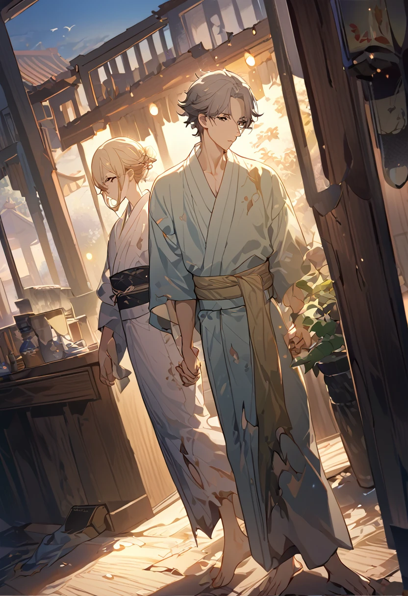 masterpiece, best quality, 8k ,4k, 2 boys, elf boys, long ears elf, twin elf, (one boy dark grayish hair with dark greenish eyes, torn and worn out clothes, yukata like clothes, thin body), (one boy light blond hair with dark bluish eyes, clean and neat clothes, yukata like clothes), stand side by side, holding hand, inspired by Asukaziye artist : ask, art style : ask