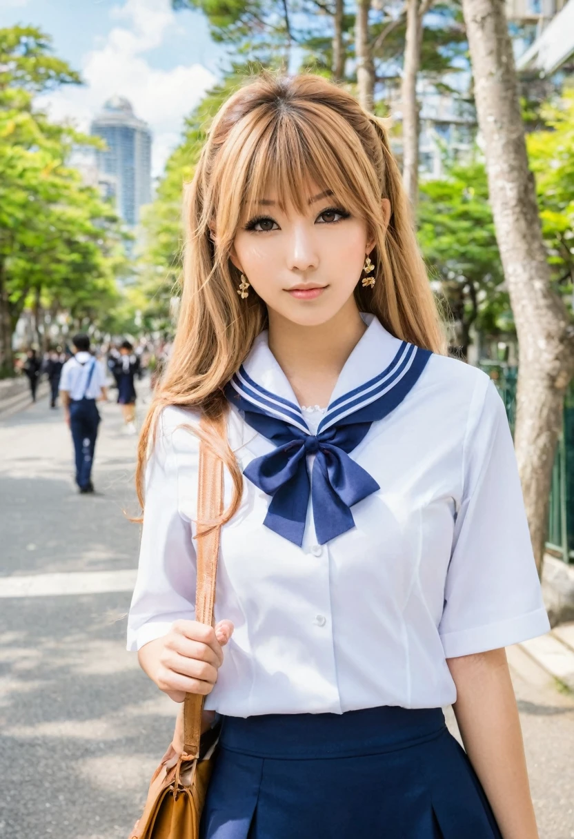 Une belle femme maquillée en gyaru portant un uniforme scolaire dans les rues animées de Gintama, dans le parc, beau portrait d&#39;une superbe fille déesse, beau visage détaillé, peau de porcelaine, tir à moitié du corps, centré,(il est noir,nombril:1.2),((Clair de lune,nuit,gros néons,éclairage au néon fort,éclairage de jante,éclairage bicolore))),