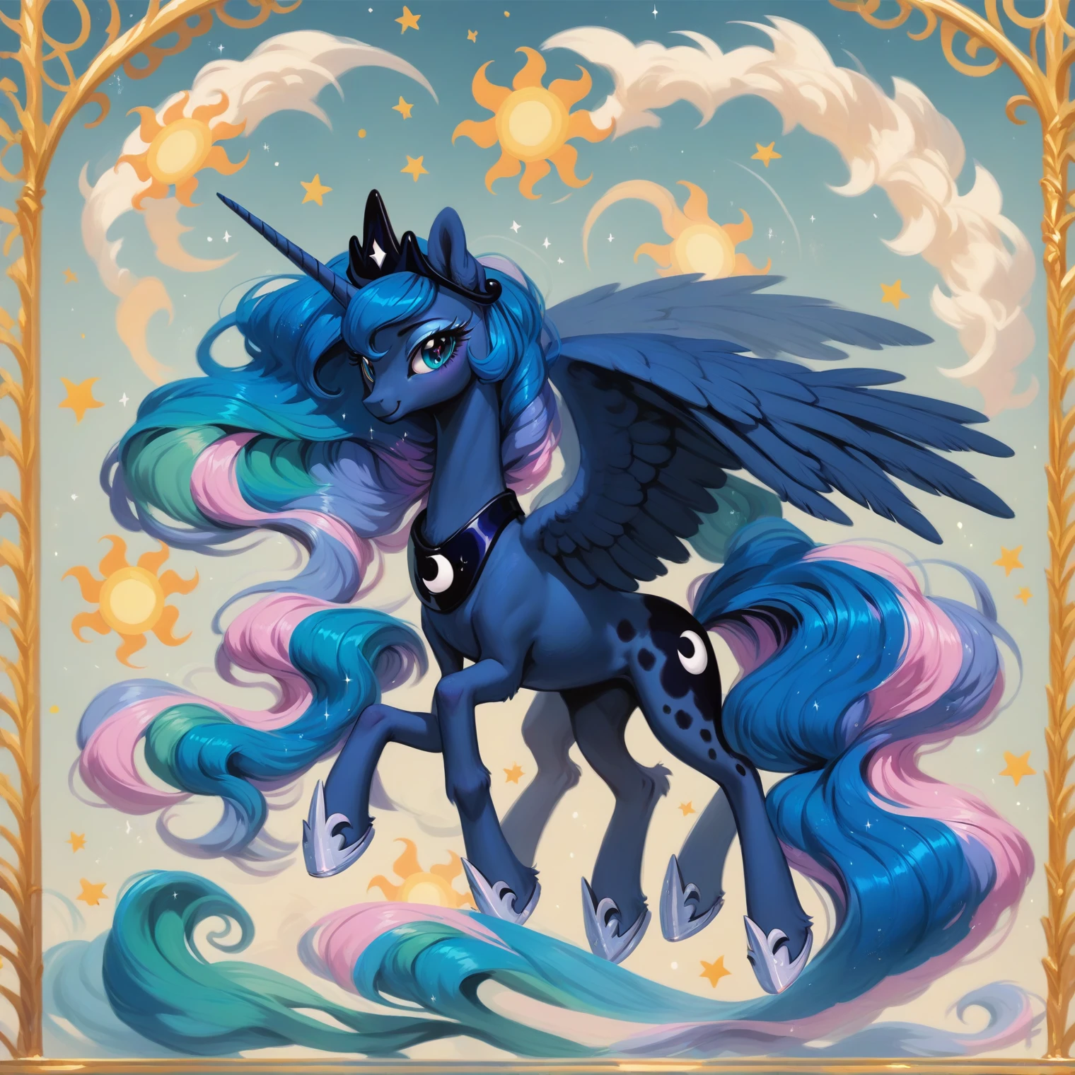 score_9, score_8_up, score_7_up, score_6_up, score_5_up, score_4_up, rating_safe, feral pony, princess luna and Celestia, fluffy ears, smile, beautiful, pretty, eyeshadow, starry eyes, long mane，only 4 legs