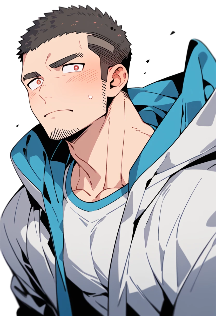 anime characters：Priapus, Muscle Sports Student, Buzz Cut, Manliness, male focus, Sports tight hooded sweatshirt, Very tight, full and perky chest muscles, muscular male, muscular, only, Upper body, alone, Black short hair, Thick eyebrows, stubble, Brown-red pupils, White background, simple background, amazing quality, best aesthetics, Ridiculous, crew cut, blush, A bright rose in the mouth, embarrassed, shy, endured face, negative space, best quality