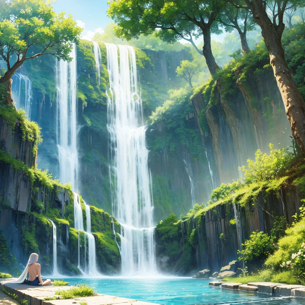 Best Quality,hot spring,Super huge open-air bath,In the sky,Floating in the air,Different world,masterpiece,Dream world,mysterious,Huge waterfall,8k,Anime Art,romantic,Amazing view,