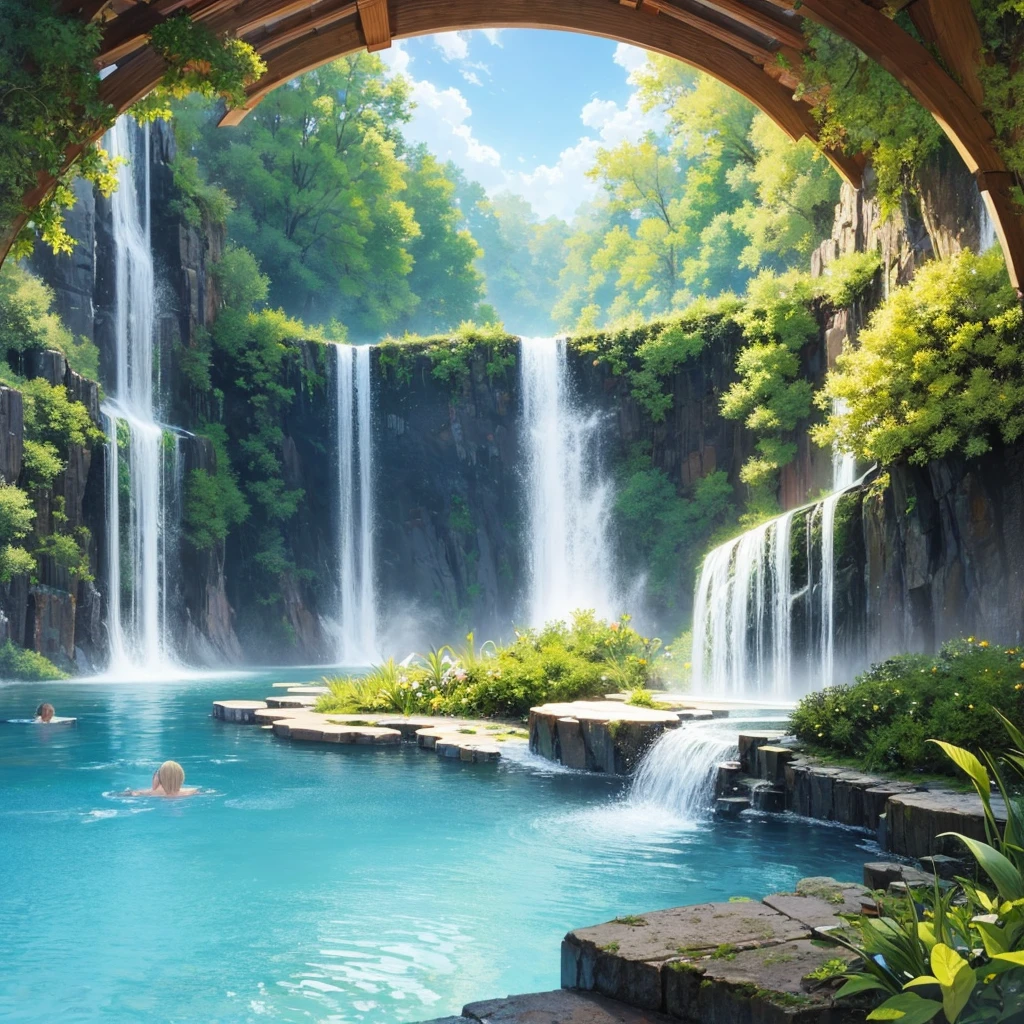 Best Quality,hot spring,Super huge open-air bath,In the sky,Floating in the air,Different world,masterpiece,Dream world,mysterious,Huge waterfall,8k,Anime Art,romantic,Amazing view,