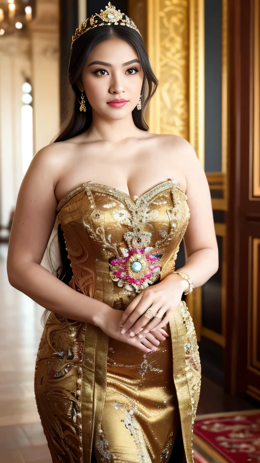 (best quality,4k,highres,masterpiece:1.2),ultra-detailed,realistic:1.37,beautiful and regal Javanese queen with hijab,dark and luxurious palace backdrop,beautiful detailed eyes and face,long eyelashes,voluptuous and curvy figure,exquisite jewelry and accessories,ornate and intricate patterned textiles,dazzling crown and royal attire,golden light illuminating the scene,vibrant and vivid color palette,soft and ethereal lighting,confident and alluring expression,graceful and elegant pose,serene and majestic atmosphere,rich cultural elements and symbols,meticulously captured body contours,subtle and tasteful sensuality,endless attention to every detail,romantic and dreamlike ambiance,artistic interpretation of beauty,stylish and sophisticated composition.