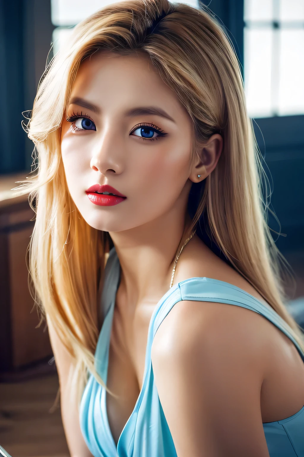 An unparalleled masterpiece, Ultra-realistic 8K CG, Perfect artwork, ((Image of a perfect woman)), Mature Woman, Tight waist, charm, clean, Beautiful Face, {Very delicate and beautiful girl} , 8k wallpaper, {{{masterpiece}} }, 1 girl, bionde, blue eyes, American Drama「Charlie's Angels」、Long Hair,  Red lips,double eyelid、I&#39;Apply mascara、 alone,  (Glowing Skin),photo shoot on the beach、Wearing a red bikini、Pose like a model、The sea of Shikanoshima、